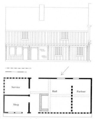 Figure 10 (left). The early 16th century 26 Market Place in Lavenham, occupies a wide plot, probably because there was less competition for street frontage compared to the larger towns, and has a recognisable tripartite plan (Alston 2004, 41).